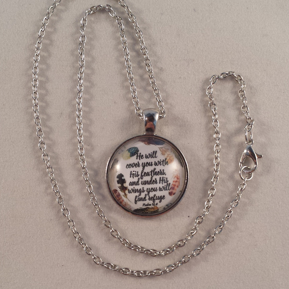 Psalms 91:4 Bible Verse Cabochon Pendant Necklace - Picture 3 of 4